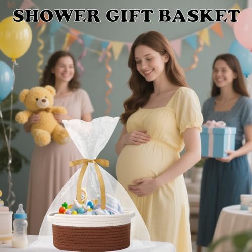 Woven Rope Basket - Baby Gift Basket with Bag & Ribbon, White&Brown - Image 6