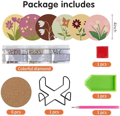DOTSOPS 6 Pack Flower Diamond Art Coasters with Holder for Adults 4 in - Image 2