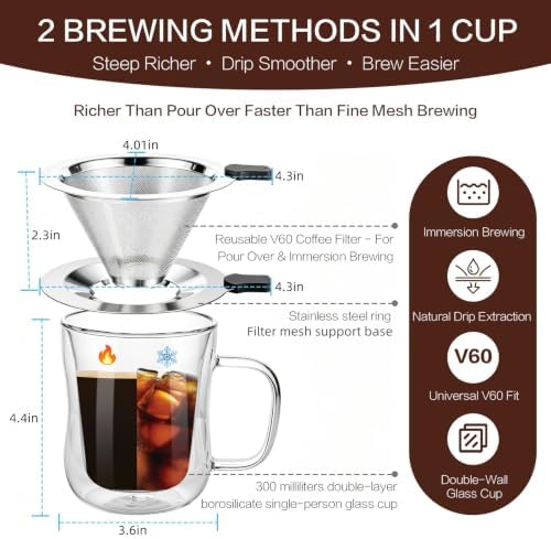 Pour Over Coffee Maker with Cup, 2-in-1 Immersion & Drip Coffee Dripper, Stainless Steel Reusable Filter, Fits 3.3–4 Inch Cups, No Paper Filters Needed, Portable Coffee Brewer for Home Office Travel - Image 2