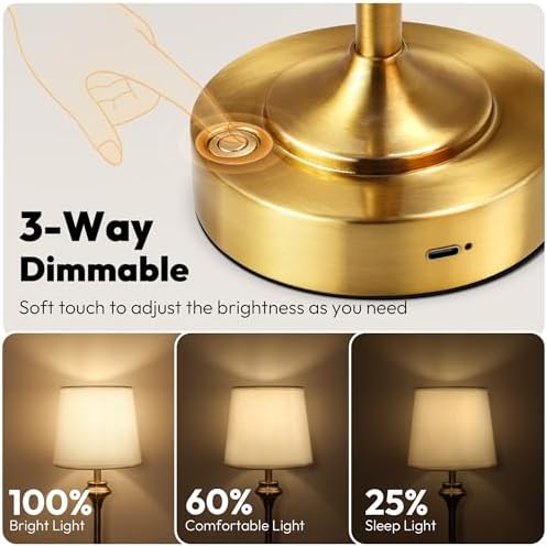 NIORSUN Portables Cordless Table Lamp,Battery Operated Lamp,5200mAh Bedside Table Lamp with Warm White,3 Way Dimmable Touch Desk Lamp for Bedroom Living Room Restaurant White Shade (Gold) - Image 3