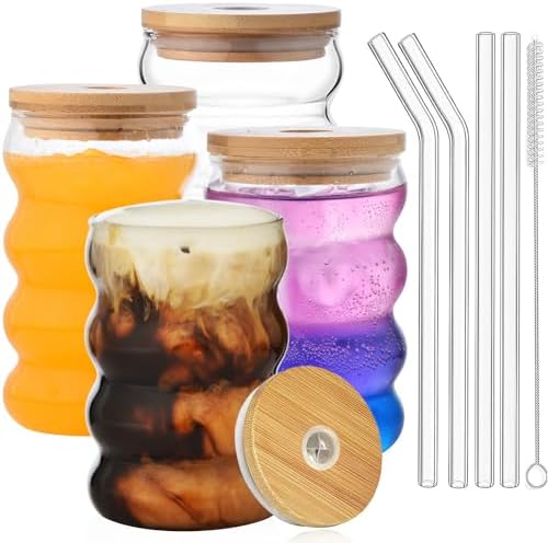 ALINK 16 oz Drinking Glasses with Lids and Straws Set of 4, 16 oz Wave Shape Bubble Glass Cups, Iced Coffee Glasses for Beer, Cocktail, Water Cups with Brush by ALINK