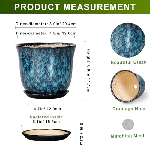 8 Inch Plant Pot - Ceramic Planter for Indoor Outdoor, Round Planter with Drainage Hole and Saucer, Modern Planters, Flower Pots, Apartment Porch Room Home Decor, Gardening Gifts, Blue - Image 2