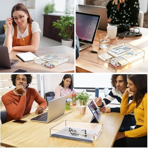 BTSKY 1 Pack Golden Glass Desk Tray, Multi-Purpose Organizer for A4 Paper, Documents, Desk Supplies, Makeup, Clear File Tray with Metal Frame, Stackable Decorative Storage for Home Office Vanity - Image 4