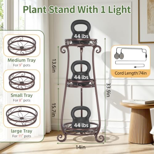 LASZOLA 3 Tiers Metal Corner Plant Stand Tall with Light for Indoor Outdoor - Image 2