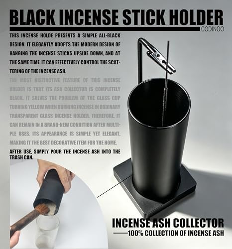 Incense Holder for Sticks,Incense Burner Holder,Modern Incense Holder for Stick with Glass Ash Catcher,Insence-Stick Holder [Anti-Ash Flying] for Yoga Spa (Upside Down Full Black) - Image 4