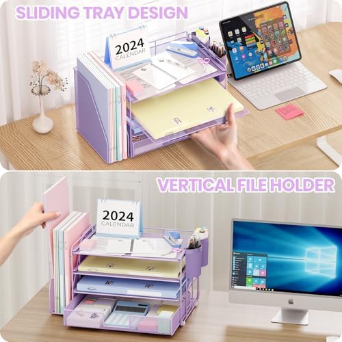OPNICE Desk Organizer, 4-Tier Desktop File Organizer with Drawer and Pen Holders, Office Desk Accessories, File Sorters, Workspace Organizers for Office Supplies(Purple) - Image 6