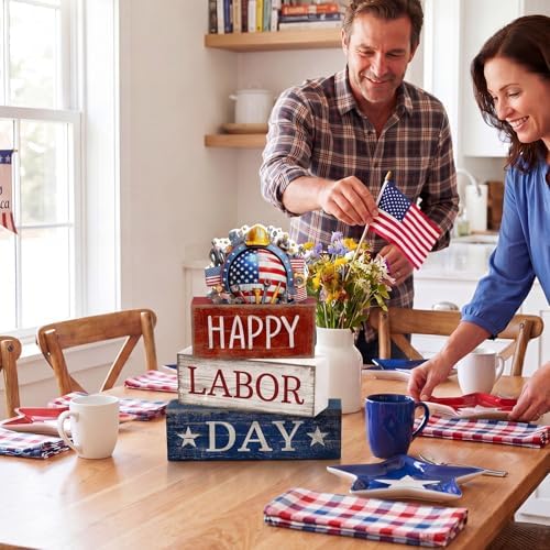 Moucuny 4 Pcs Labor Day Red White Blue Wooden Block Signs Table Decor - Image 3