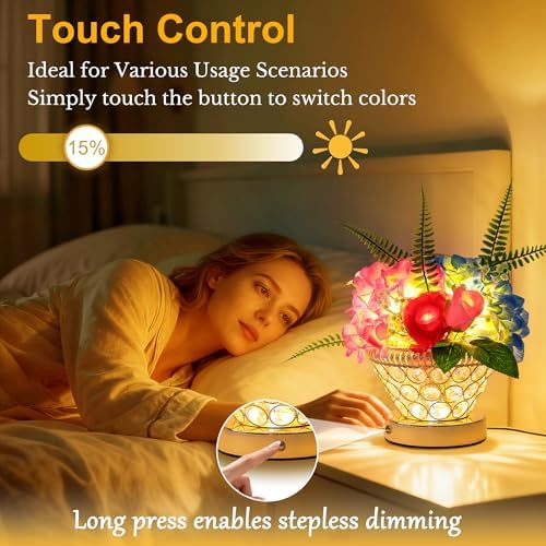 Birthday Gifts for Women, Gift Basket for Mom Blue & Pink Hydrangea Rose Cordless Table Lamp, 3 Color Crystal Lamps Touch Bedside Lamps with USB Charge Small Night Light for Bedroom - Image 4