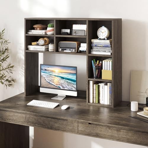 Giantex Desktop Bookshelf, Desk Hutch Dorm w/ 7 Cubes & 3 Adjustable Shelves, Desk Shelf for Up to 27" Computer Monitors, Wooden Desktop Storage Organizer for Dorm College Office Home (Grey Oak) - Image 2