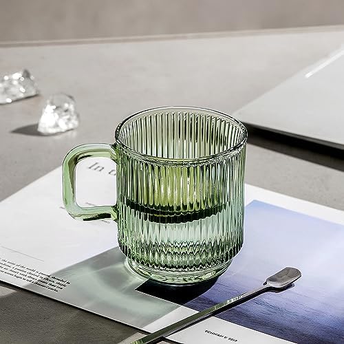 Lysenn Glass Coffee Mug with Lid - Premium Classical Vertical Stripes Glass Tea Cup - for Latte, Tea, Chocolate, Juice, Water - Lead-Free - Bamboo Lid - Lime Green - Image 2