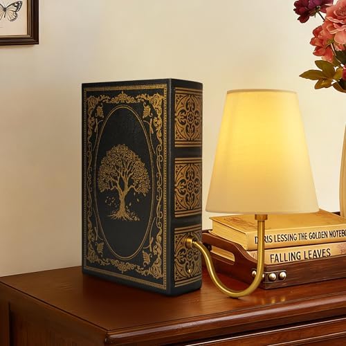 AELS Vintage Bookshelf Lamp with Bulb, Cordless Rechargeable Touch Dimmable Table Lamp with Linen Shade, Modern Bookend Lamp for Bedroom, Office & Bookshelf Decor, Tree of Life Black & Gold - Image 6