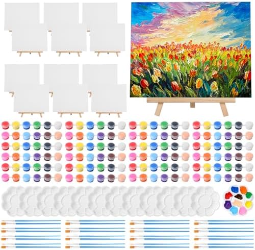 Qilery 12 Set Mini Canvas Painting Kit with Easel Paints, 8 x 10 Inch by Qilery