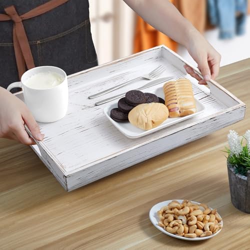 17 Inch Rustic White Serving Tray with Handles - Large Wooden Tray for Ottoman, Breakfast in Bed, Dinner, Coffee Table - Decorative Rectangular Tray for Living Room Bedroom Entryway and Kitchen Decor - Image 2