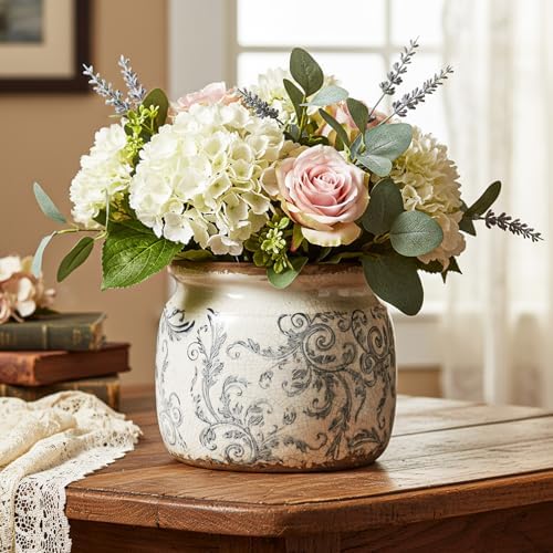 5.9'' Vintage Ceramic Planter, Ice Crack Glaze Gray Scroll Pot - Image 6
