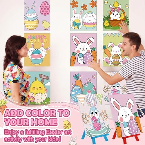 Blosssound 10 Set Easter Pre Printed Canvas Bunny Pre Drawn Canvas Painting with Easel Kits 5" x 7" Outline Painting Panels for Beginners, DIY Craft Project, Party Favor, Home Decors - Image 5