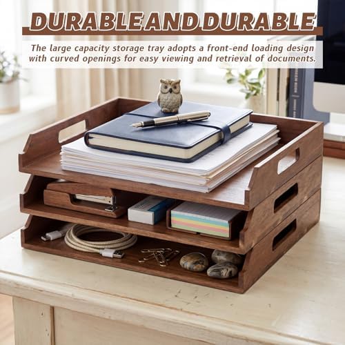 AceOrbit 3 Pcs Stackable Paper Tray Acacia Wood Desk Organizer Letter Tray - Image 5