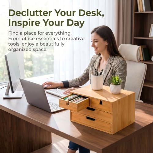 DEAYOU Bamboo Desk Organizer, 100% Natural Bamboo Desktop Drawer Organizer, Tabletop Storage Cabinet Organization Box with 4 Drawers for Makeup, Letter, Home Office Supplies, 3-Layer, Fully Assembled - Image 7