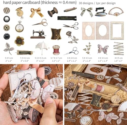 Mayplous 2 Packs Vintage Scrapbook Paper and Sticker Set – Sewing Theme Die-Cut Paperboard Retro Stickers with Cord, Bowknot & Button for Junk Journal, Scrapbooking, Handicrafts & Decoupage (Miller) - Image 2