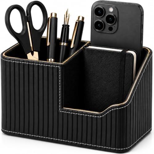 KINGFOM Luxury Black PU Leather Desk Organizer with Gold Trim, Premium Pen Holder for Desk Accessories, Modern Office Supplies Organizer for Home Office Desk Decor by KingfomLeatherHomeOfficeDecor