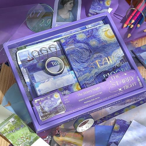 ATIRAMANIYA 346pcs Vintage Scrapbook Kit Aesthetic Junk Journal Set with Stickers, Washi Tape, A6 Notebook & Decorative Paper, All-in-One Scrapbook Kit Stationery (The Starry Night) - Image 7