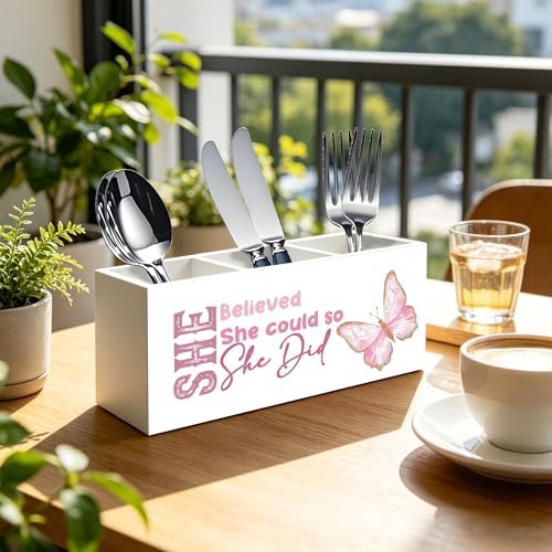 She Believed She Could So She Did Pen Pencil Holder Organizer for Desk, Inspirational Gifts for Women Friends, Graduation Gifts for Women Her, Pink Butterfly Wood Signs Desk Accessories - Image 2