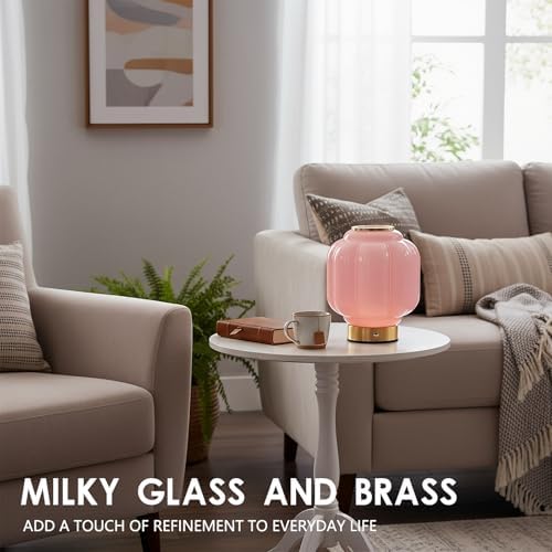 Mushroom Lamp, Cordless Rechargeable Table Lamp with Brass Base & Pink Glass Shade, 4W Dimmable Bedside Table Lamp, Small Vintage Desk Light for Mid Century Modern Home Decor (Pink) - Image 4