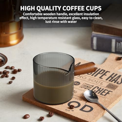 Espresso Measuring Cup 4 Oz, Espresso Glass Cups with Wood Handle, Milk Frothing Cup, Espresso Cup for Coffee, Milk, Tea or Maple Syrup Serving (Gray, 4 oz) - Image 3