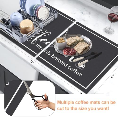 Findosom Dish Drying Mat, 17"x 32" Super Absorbent & Hide Stain Coffee Mat, Cuttable Drying Mat for Kitchen Counter, Coffee Bar Accessories, Under Dish Rack, Coffee Maker, Espresso Machine, Black - Image 2