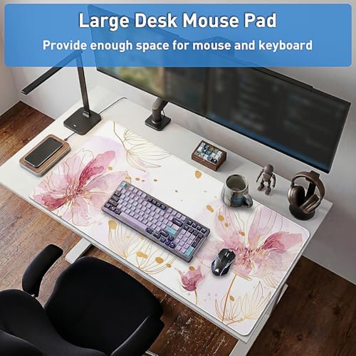 Pink Desk Mat, Aesthetic Floral Large Mouse Pad, 35.4 x 15.7 Inch XXL Keyboard Mat Non-Slip Waterproof Desk Pad, Full Desk Protector for Women Office Home (Pink) - Image 6