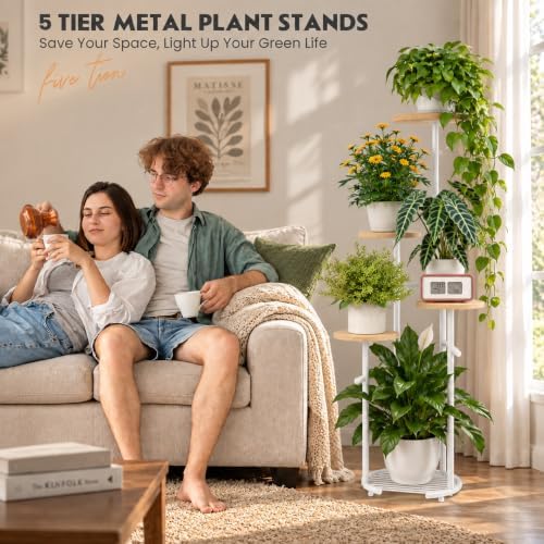 TOSKING 5-Tier Round Wood Corner Plant Stand Indoor, Anti-Tip, Oak & White - Image 3
