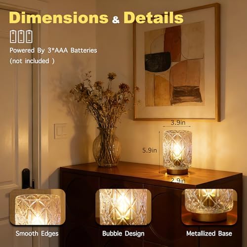 2 Pack Battery Operated Lamp,Cordless Samll Battery powered Accent Lamp with Timer for Bedside,Warm White Cozy Ambient Decorative Table Lamps for Shelf/Cubicle/Entryway/Table Decor(Iridescent Clear) - Image 6