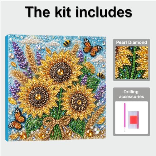 DIY Pearl Painting Kit for Adults, Sunflower Flower Gem Art with Wood Frame, 20x20cm Pearl Diamond Craft, Floral Wall Decor Gift for Women, Beginners Relaxing Hobby Kit - Image 5