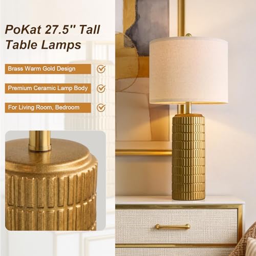 PoKat 27.5'' Tall Brass Gold Table Lamps Set of 2 for Living Room, Modern Table Lamps for Bedroom Night Stands, Retro Ceramic Bedside Lamps, Nightstand Lamps for Sideboard Side End Table, Gold - Image 2