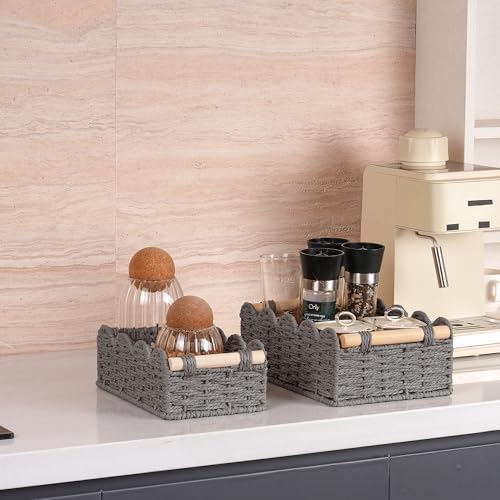 iEGrow Paper Rope Small Storage Baskets for Organizing, Set of 2 Scalloped Edge Wicker Basket with Wooden Handles Toilet Paper Basket for Over Toilet Storage Shelf, Home Decor, Living Room (Grey) - Image 4