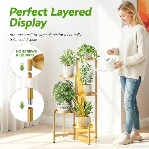 Tall Gold Plant Stand Indoor Outdoor, Corner Metal Flower Pot Stands for Multiple Plants, 5 Tiered Heavy Duty Plant Shelf for Patio Garden Balcony Living Room Bedroom - GoldDisk - Image 6