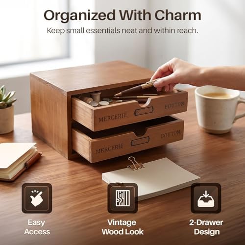 Flexzion Wooden Storage Box with 2 Drawers, Vintage Desktop Organizer - Image 3