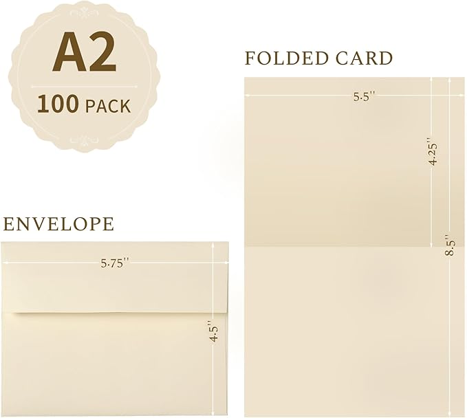 Cream Folded Blank Cards and Envelopes, Goefun 4.25 x 5.5 Ivory Cardstock and A2 Envelopes Self Seal 100 Pack for Wedding, Invitations, DIY Greeting Cardstock, Thank You Cards & All Occasion