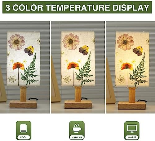 Dried Flowers Table Lamp 5W LED 3Color Temperatures Pressed Flower Bedside Lamp Square Linen Shade with Wood Base for Bedroom Living Room - Image 6