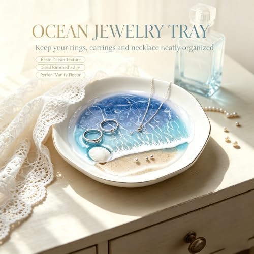 Ceramic Ring Dish, Ocean Resin Beach Wave Jewelry Tray, Gold Trim Small Jewelry Holder for Bathroom Sink, Nightstand, Trinket Dish for Rings Earrings (Y) - Image 6
