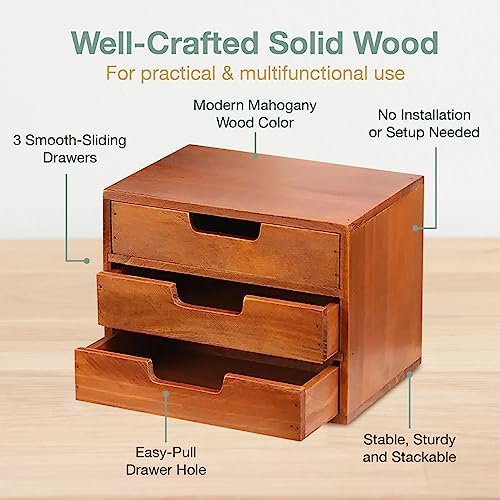 Triple Drawer Desktop Storage Organizer in Modern Wood Design (9.8”x6.9”x 7.5”) 3-Drawer Stackable Drawer Unit - Vanity Accessories Organizer (1-Pack) - Image 4