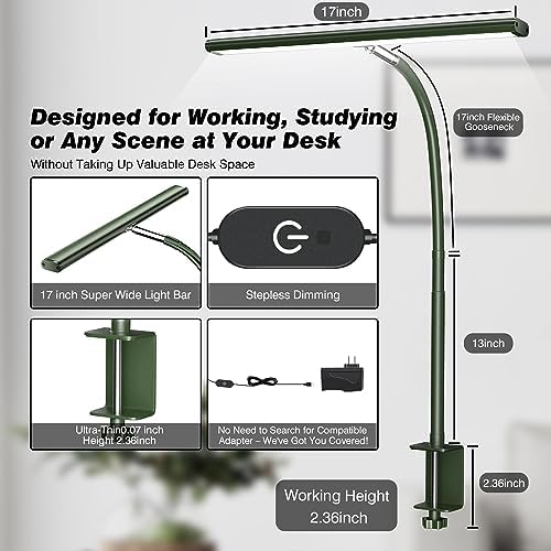 Airlonv LED Desk Lamp with Clamp, 17" Stepless Dimming Light, Green - Image 3