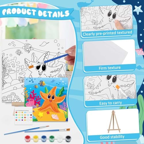 Tenceur 12 Sets Pre Drawn Canvas to Paint Adult Stretched Coloring Painting Canvas Panels with Design Easel and Brushes for Party Supplies Beginner Favor(Sea Animal) - Image 3