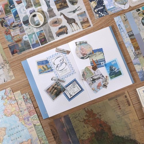 ATIRAMANIYA 346pcs Vintage Scrapbook Kit Aesthetic Junk Journal Set with Stickers, Washi Tape, A6 Notebook & Decorative Paper, All-in-One Scrapbook Kit Stationery (Global Travel) - Image 7