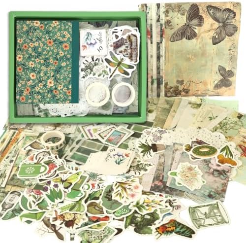 Jokapy Aesthetic Scrapbook Set in Vintage Plant Style, Journal Accessories for DIY Crafts, Scrapbooking Stickers and Paper Set for BuJo, Birthday Gift for Teenage Girls and Women, Green by Jokapy
