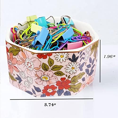 Ceramic Paper Clip Holder Gold Line Paper Clip Dispenser Organizer for Desk Cute Floral Pattern Office Binder Clip Holder Bobby Pin and Hair Clip Holder Gift for Office Pink Flowers - Image 2