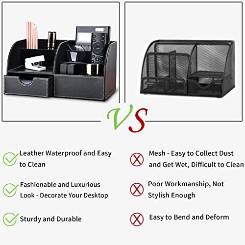 KINGFOM Pu Leather Desk Organizer Pen Pencil Holder Office Supplies Caddy Storage Box 6 Compartments with Drawer Black (Full Pu Leather) - Image 2