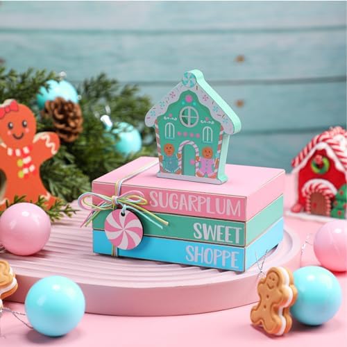 Yookeer 4 Pieces Pastel Christmas Gingerbread House Tiered Tray Decor Mini Wood Book Stacks Table Decorations Pastel Candy Wooden Book Table Sign for Christmas Home Room Mantle Fireplace Shelf - Image 2