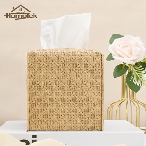 HOMOTEK 1 Pack Tissue Box Cover, Square PU Leather Tissue Holder, Decorative Facial Tissue Cube Paper Organizer Dispenser for Bathroom, Night Stands, Desk, Car 5X5X5'' - Rattan Weave, Camel - Image 4