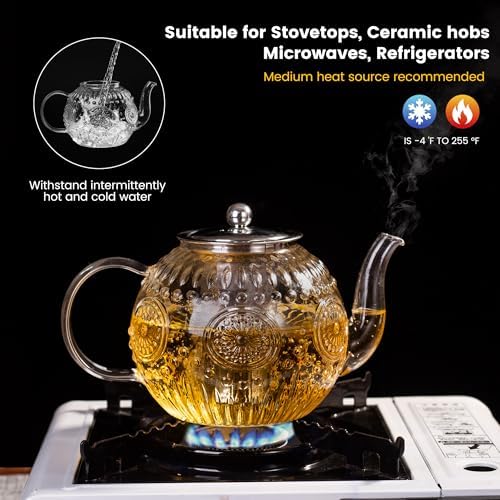 Amzcku 50OZ/1500ml Vintage Glass Teapot with Removable Infuser – Stovetop Safe, Borosilicate Glass Tea Kettle for Blooming & Loose Leaf Tea - Image 5