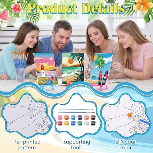 Blosssound 10 Set Pre Printed Canvas Pre Drawn Canvas Painting with Easel Kits 5" x 7" Outline Painting Panels for Beginners, DIY Craft Project, Party Favor, Home Decors(Landscape) - Image 3